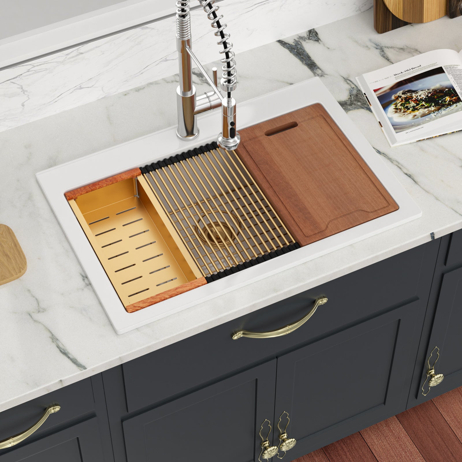 Sarlai 33''x22'' White Ceramic Topmount Workstation Sink With Gold Accessories & Wood Cutting Board Secondary image