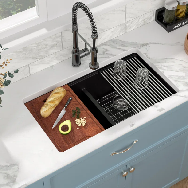 Sarlai 33in Black Quartz Composite Undermount 50/50 Double Bowl Workstation Kitchen Sink