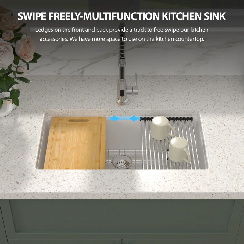 Sarlai 33'' White Quartz Composite Undermount Workstation Kitchen Sink