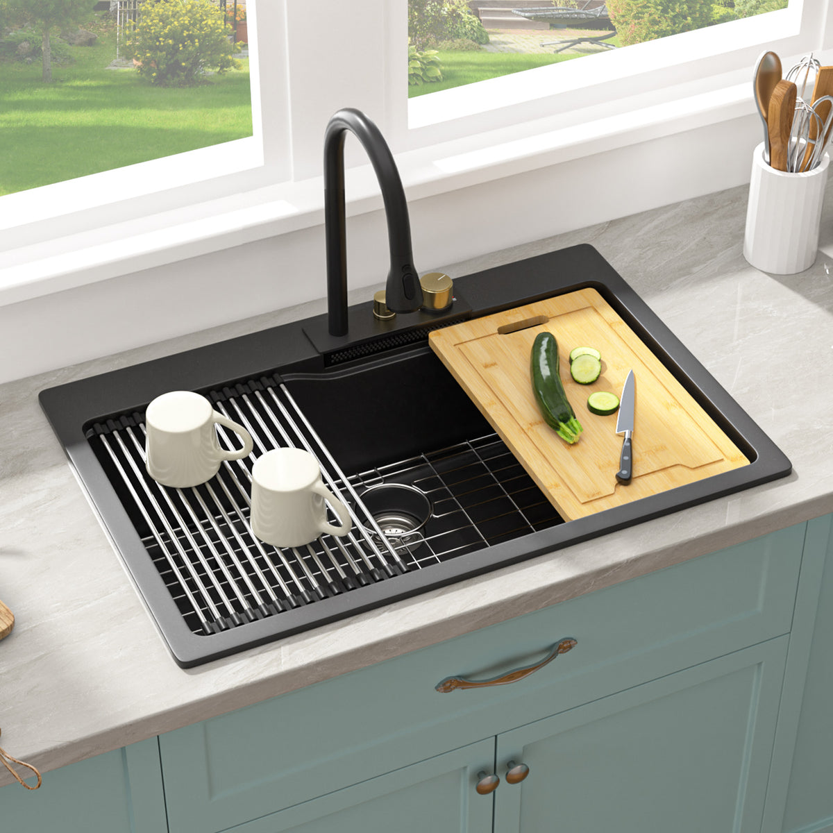 Sarlai 33in Black Quartz Composite Drop-In Waterfall Workstation Kitchen Sink Combo