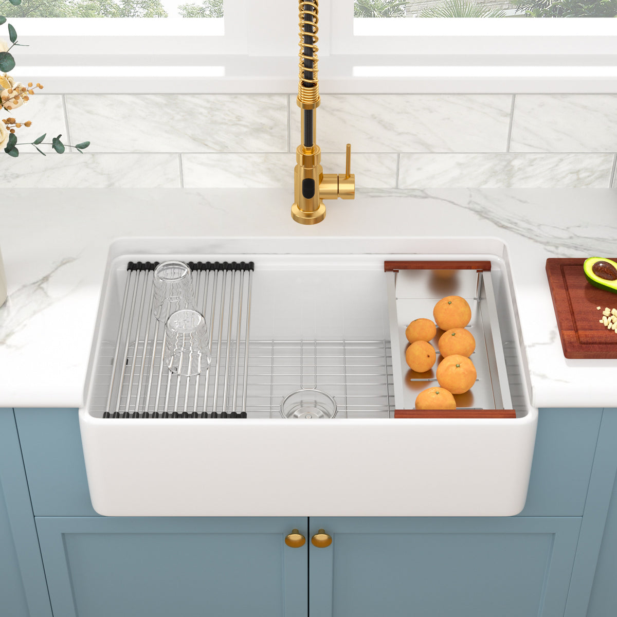 Sarlai 33 White Farmhouse Kitchen Sink - 33 x 20 Inch Farm Kitchen Sink Ledge Workstation White Ceramic Porcelain Fireclay Farmer Sinks Single Bowl Basin