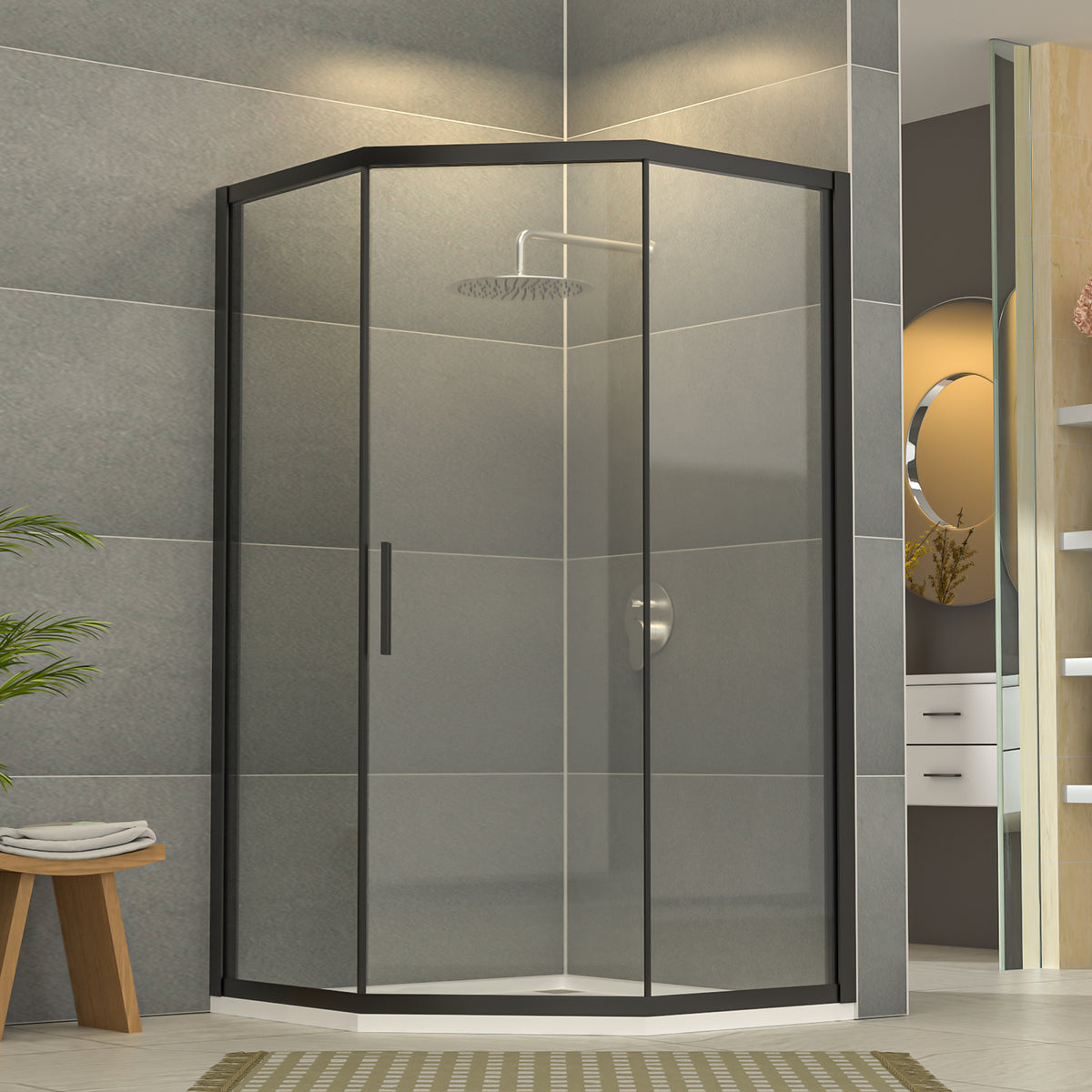 Sarlai 42''x 76''Corner Sliding Shower Enclosure Matte Black Framed Tempered Glass Shower Door