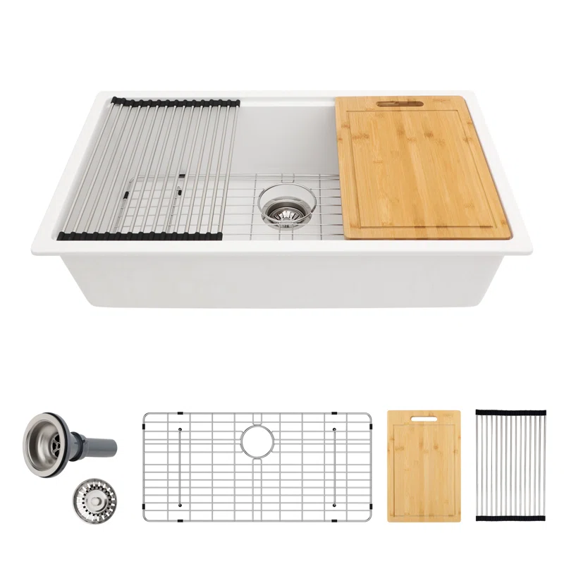 Sarlai 33'' White Quartz Composite Undermount Workstation Kitchen Sink