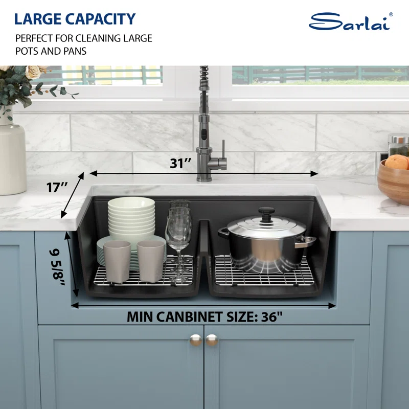Sarlai 33in Black Quartz Composite Undermount 50/50 Double Bowl Workstation Kitchen Sink