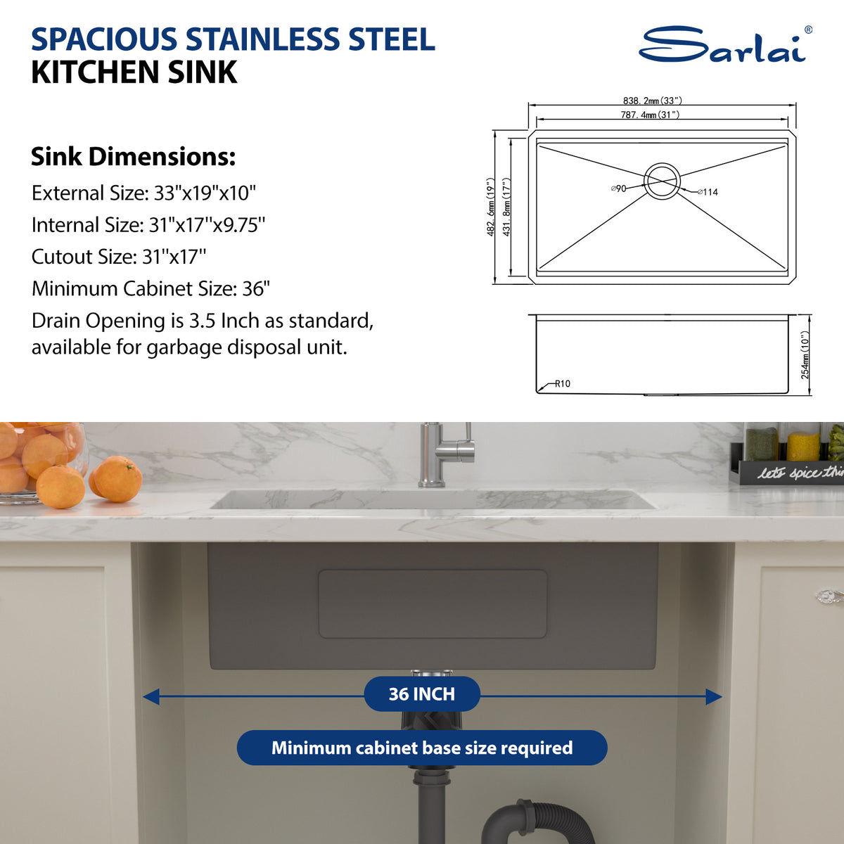 Sarlai 33''Matte Black Undermount Workstation Kitchen Sink 16 Gauge T304 Stainless Steel