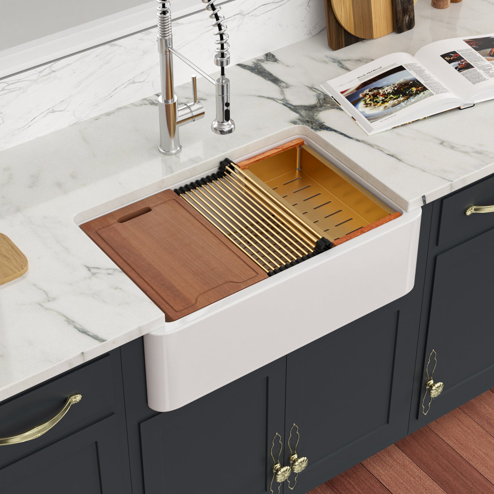 Sarlai 33''x20'' White Fireclay Apron Front Workstation Farmhouse Kitchen Sink with Gold Workstation Accessories Secondary image