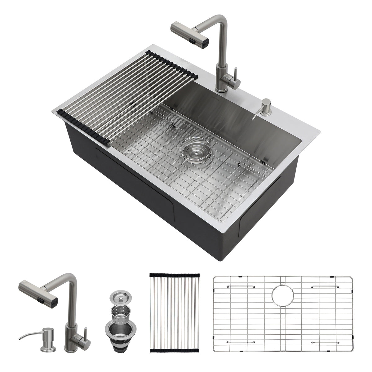Sarlai 33'' Drop In Workstation Kitchen Sink 16 Gauge SUS304 Stainless Steel Single Bowl Topmount Kitchen Sink Main image