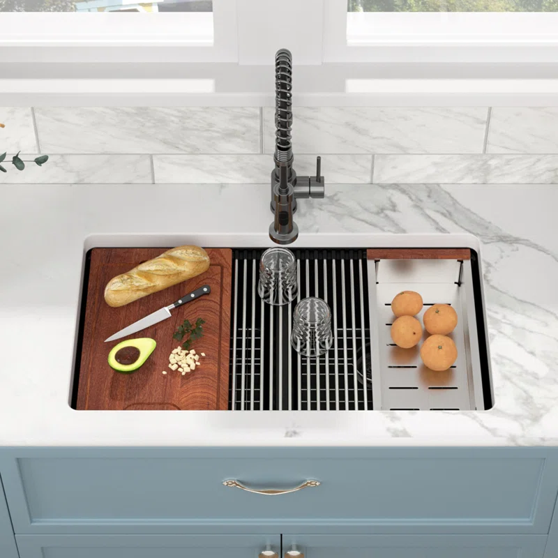 Sarlai 33in Black Quartz Composite Undermount 50/50 Double Bowl Workstation Kitchen Sink