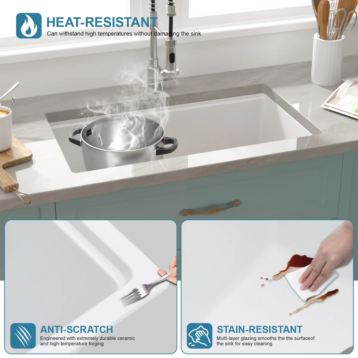 Sarlai 33in White Quartz Composite Undermount Workstation Kitchen Sink