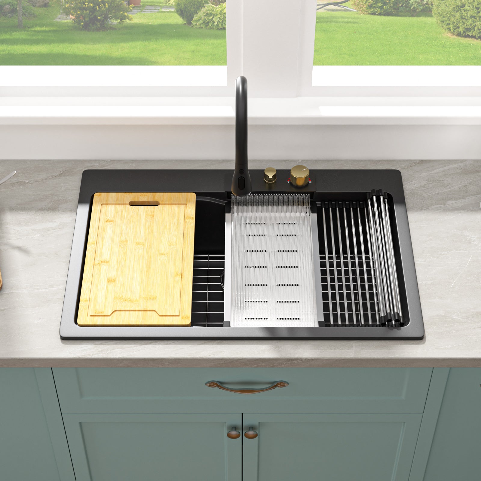 Sarlai 33in Black Quartz Composite Drop-In Waterfall Workstation Kitchen Sink Combo