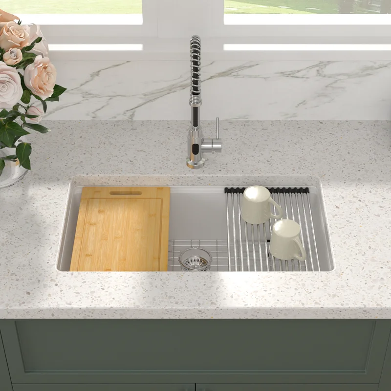 Sarlai 33'' White Quartz Composite Undermount Workstation Kitchen Sink