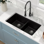 Sarlai 33in Black Quartz Composite Undermount 50/50 Double Bowl Workstation Kitchen Sink