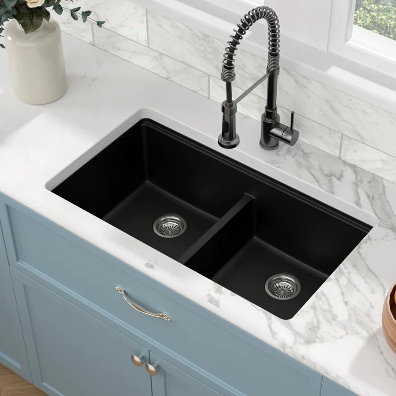 Sarlai 33in Black Quartz Composite Undermount 50/50 Double Bowl Workstation Kitchen Sink