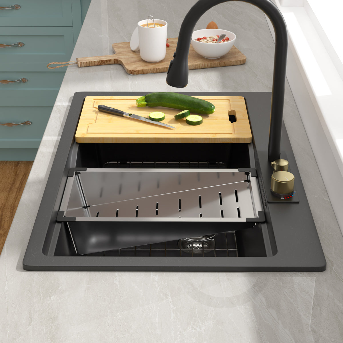 Sarlai 33in Black Quartz Composite Drop-In Waterfall Workstation Kitchen Sink Combo