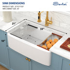 Sarlai 33''x21'' Inch White Curved Apron Fireclay Workstation Farmhouse Kitchen Sink Single Bowl