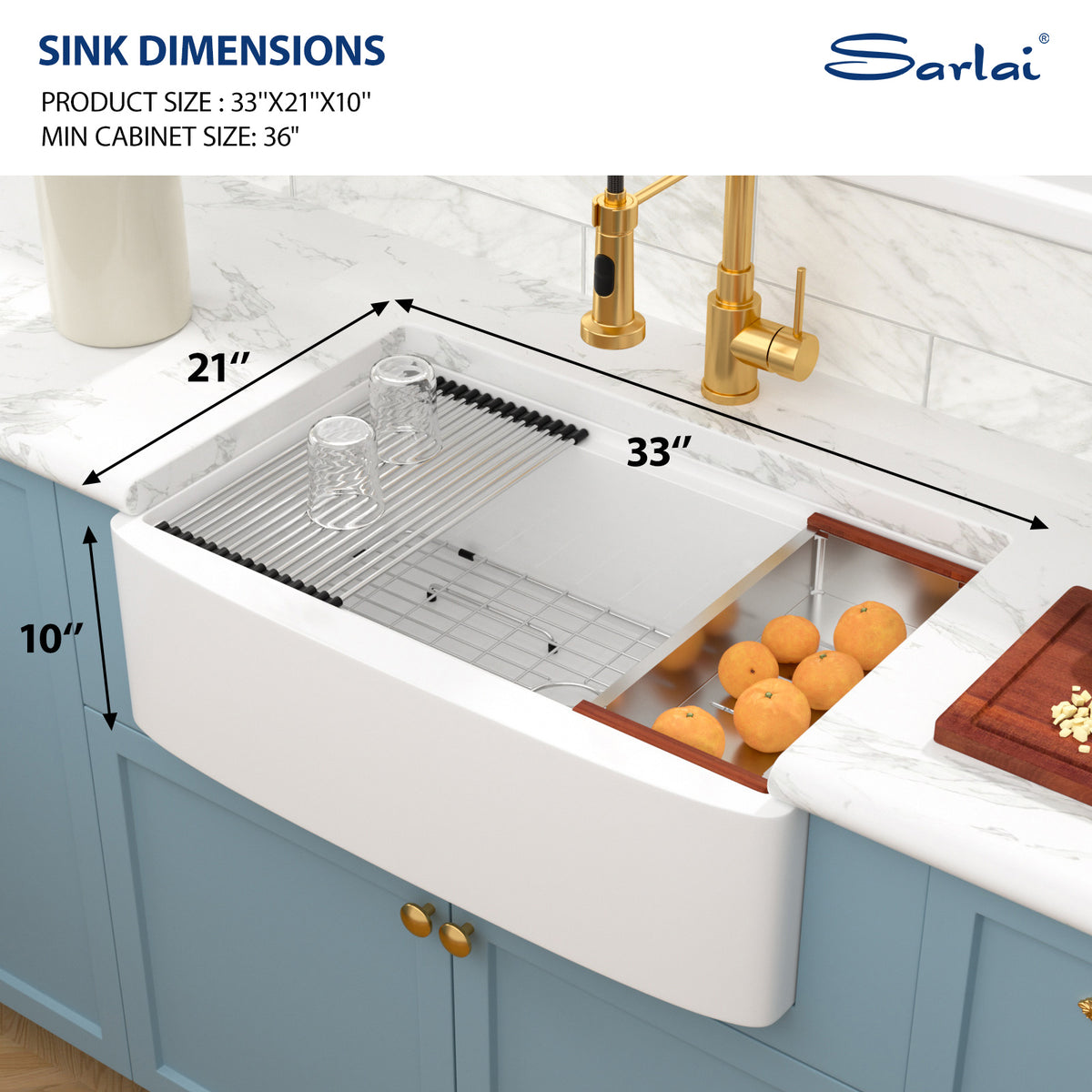 Sarlai 33''x20'' Inch White Curved Apron Fireclay Workstation Farmhouse Kitchen Sink Single Bowl
