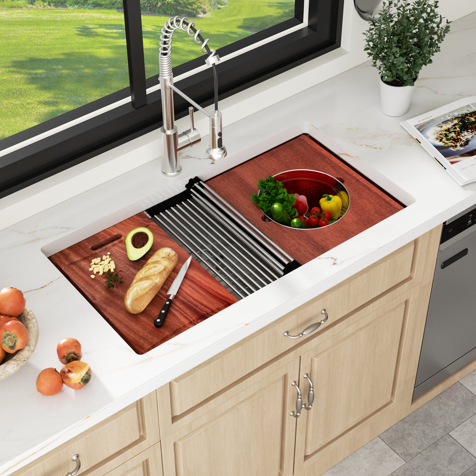 Sarlai 36in Undermount Workstation Sink - 16 Gauge 60/40 Double Bowl with Salad Prep Bowls