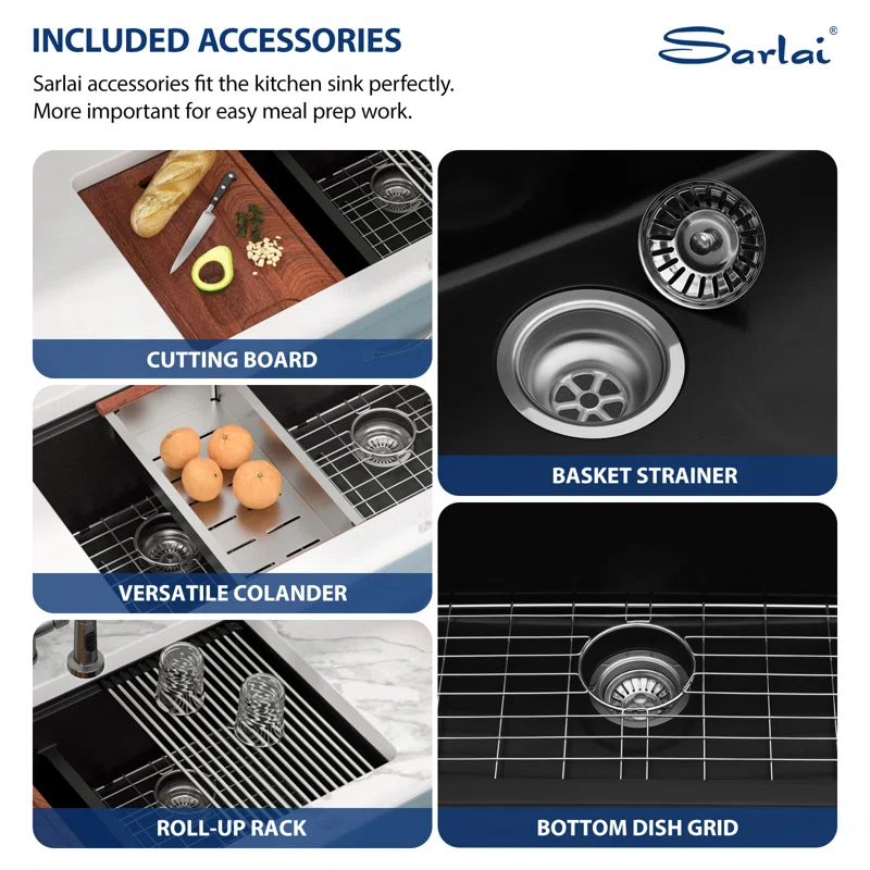 Sarlai 33in Black Quartz Composite Undermount 50/50 Double Bowl Workstation Kitchen Sink
