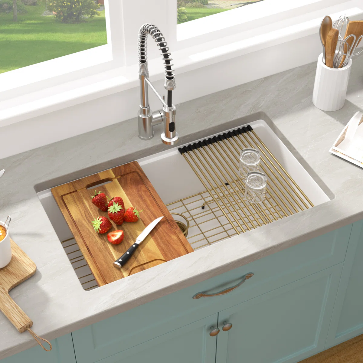 Sarlai 30in White Quartz Composite Undermount Workstation Kitchen Sink