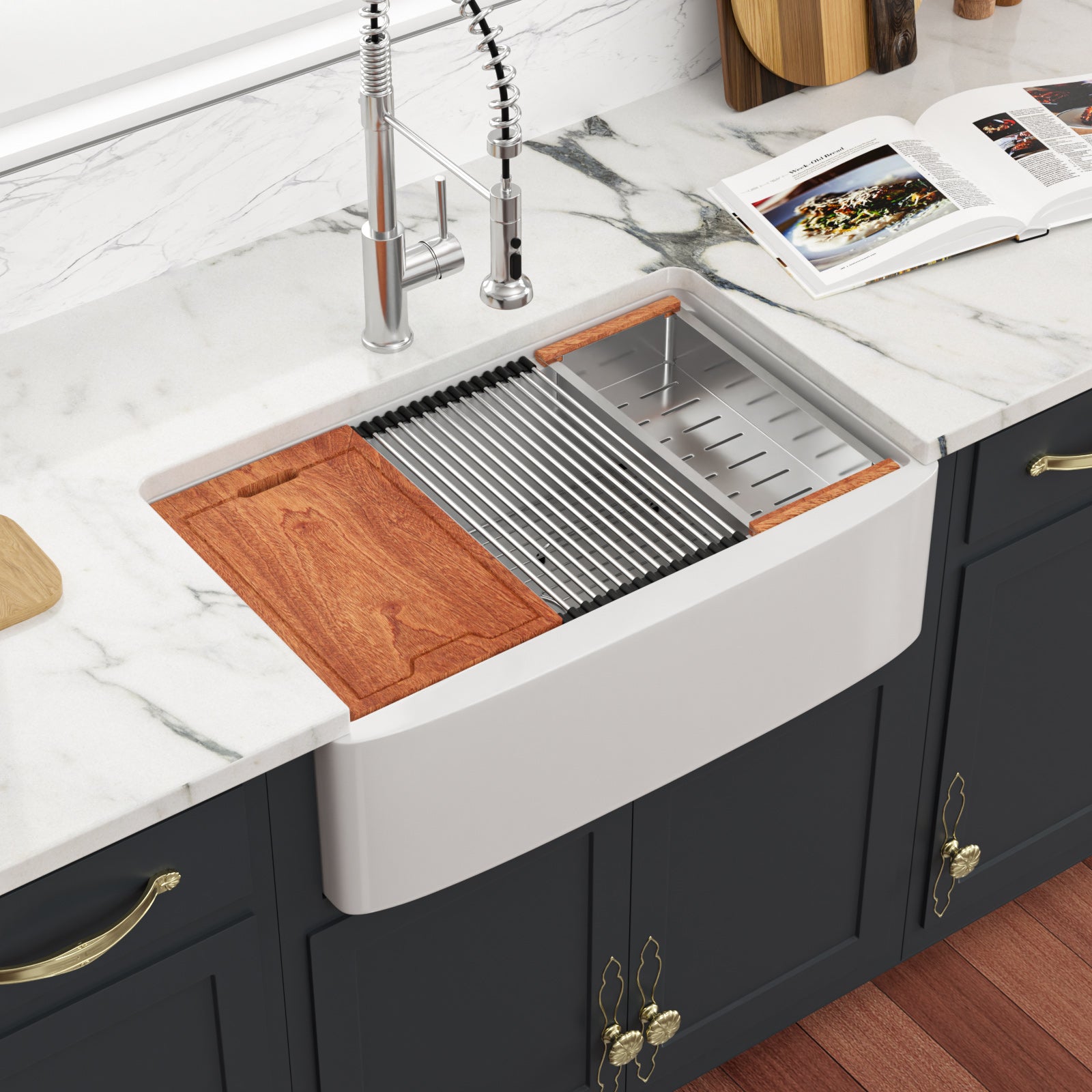 Sarlai 33''x21'' White Ceramic Apron-Front Workstation Kitchen Sink with Step Ledge & Accessories Secondary image