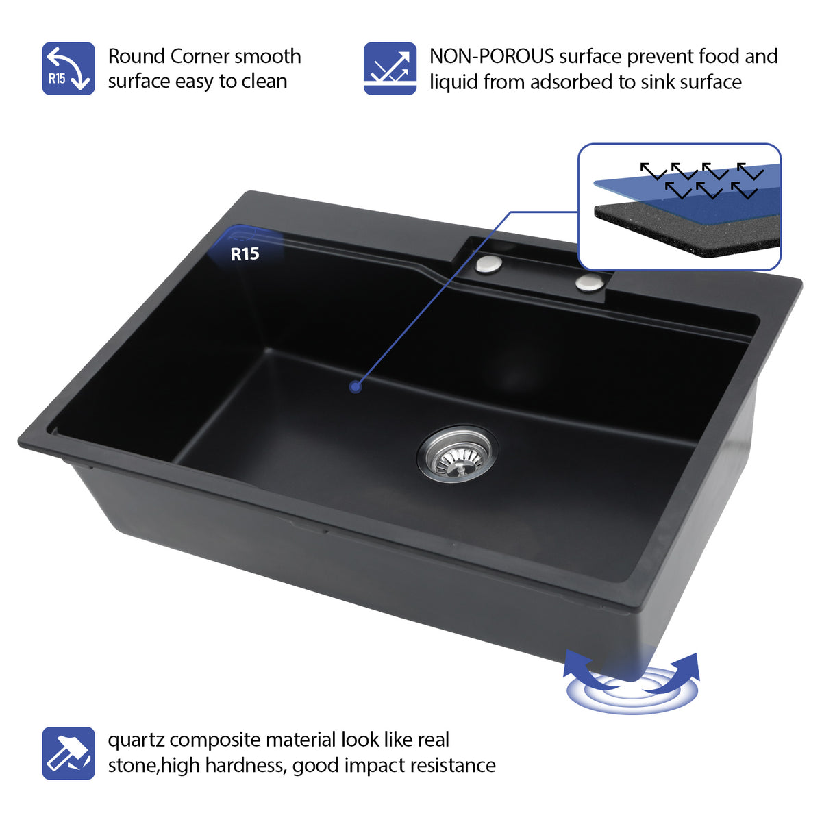Sarlai 33in Black Quartz Composite Drop-In Waterfall Workstation Kitchen Sink Combo