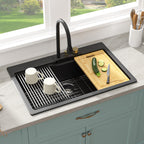 Sarlai 33'' x 22'' Black Quartz Drop-in Waterfall Single Bowl Workstation Kitchen Sink