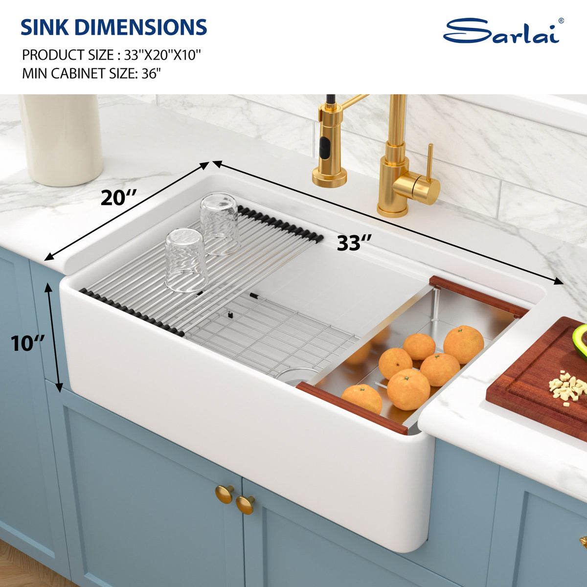 Sarlai 33 White Farmhouse Kitchen Sink - 33 x 20 Inch Farm Kitchen Sink Ledge Workstation White Ceramic Porcelain Fireclay Farmer Sinks Single Bowl Basin