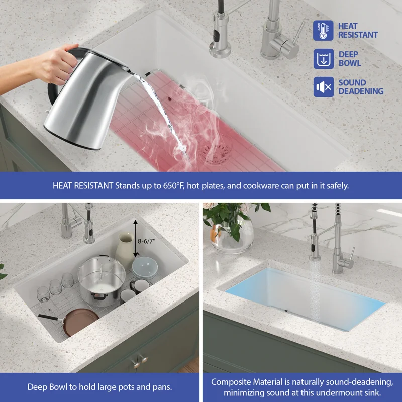 Sarlai 33'' White Quartz Composite Undermount Workstation Kitchen Sink