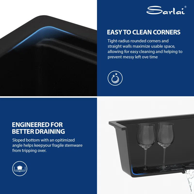 Sarlai 33in Black Quartz Composite Undermount 50/50 Double Bowl Workstation Kitchen Sink