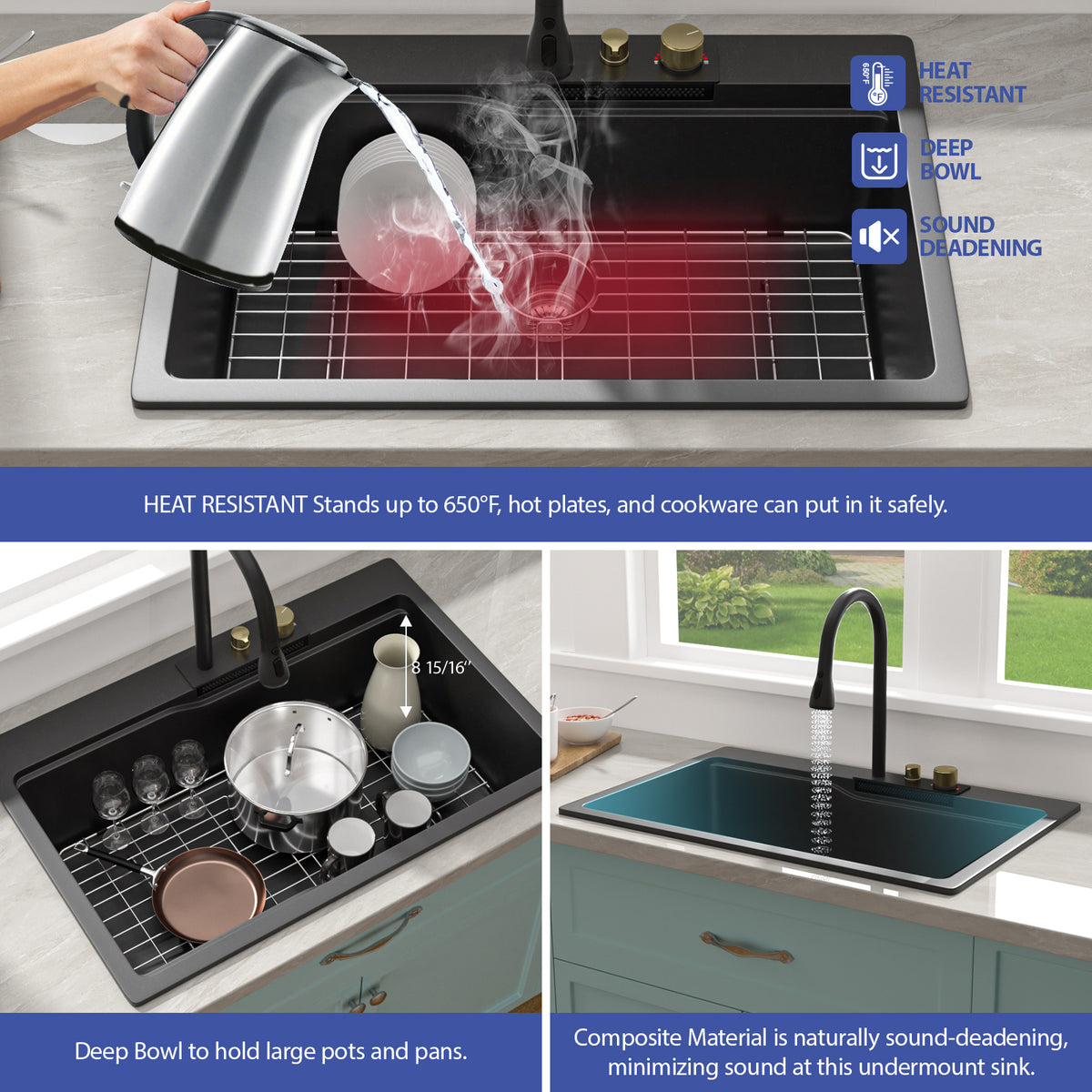 Sarlai 33in Black Quartz Composite Drop-In Waterfall Workstation Kitchen Sink Combo