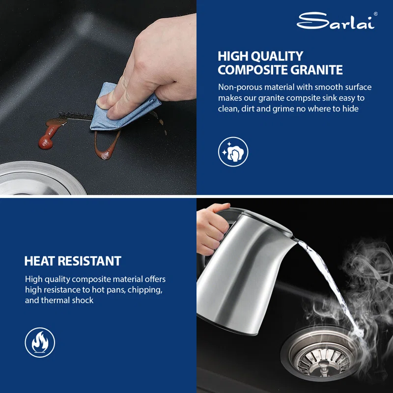 Sarlai 33in Black Quartz Composite Undermount 50/50 Double Bowl Workstation Kitchen Sink