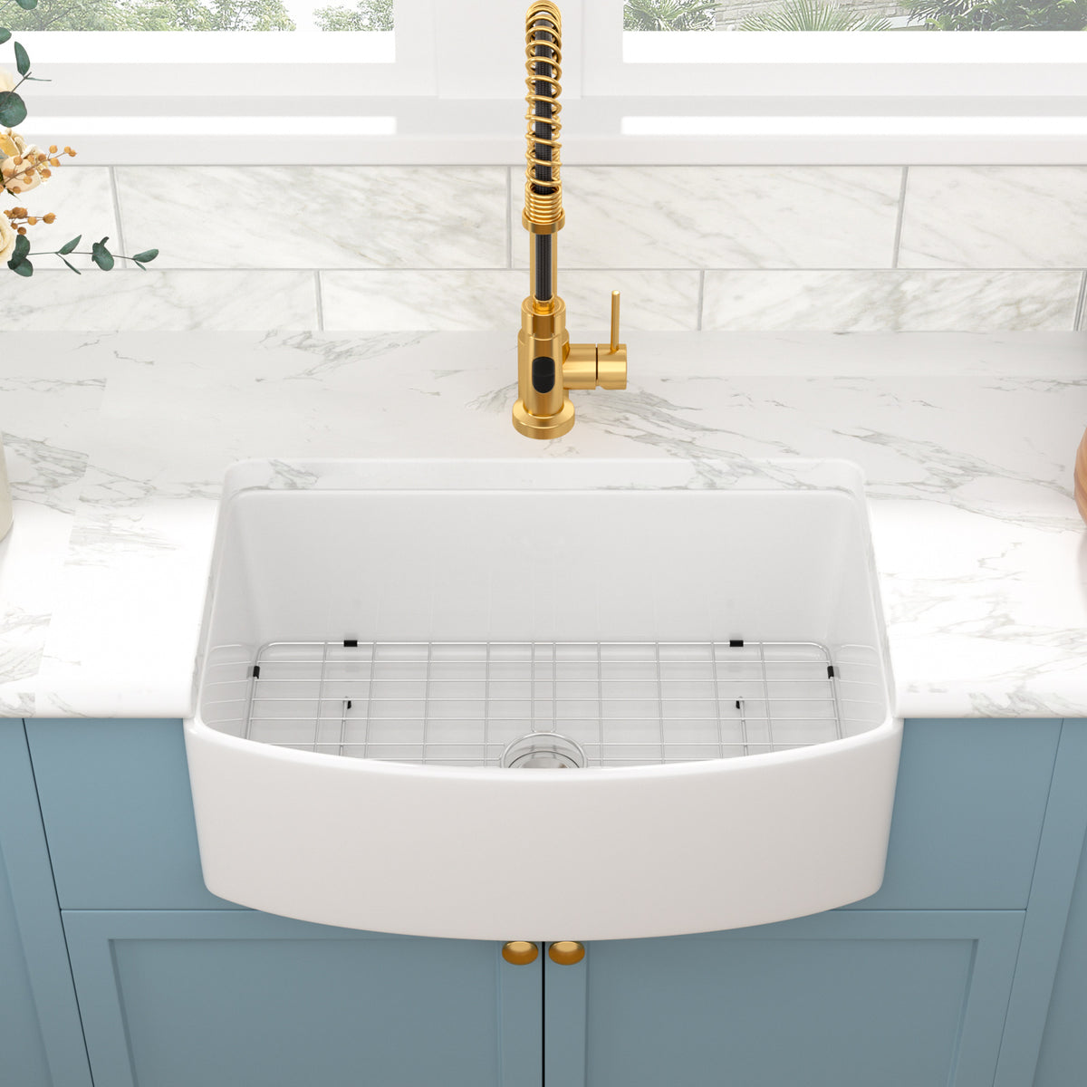 Sarlai 30''x19'' White Curved Apron Front Fireclay Farmhouse Kitchen Sink Single Bowl Porcelain Ceramic Farm Kitchen Basin