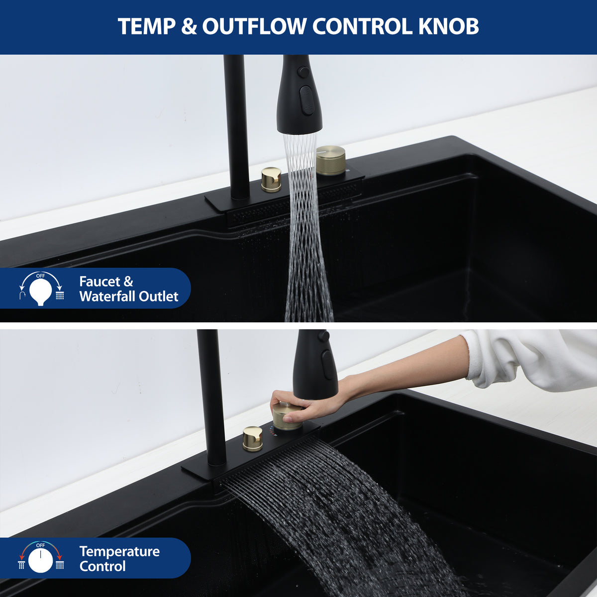Sarlai 33in Black Quartz Composite Drop-In Waterfall Workstation Kitchen Sink Combo