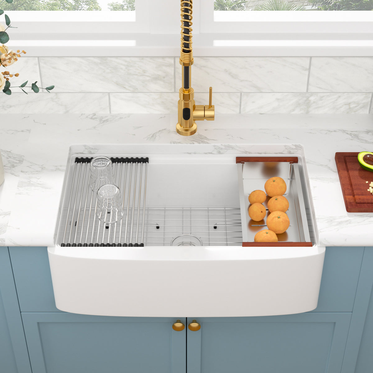 Sarlai 33''x20'' Inch White Curved Apron Fireclay Workstation Farmhouse Kitchen Sink Single Bowl