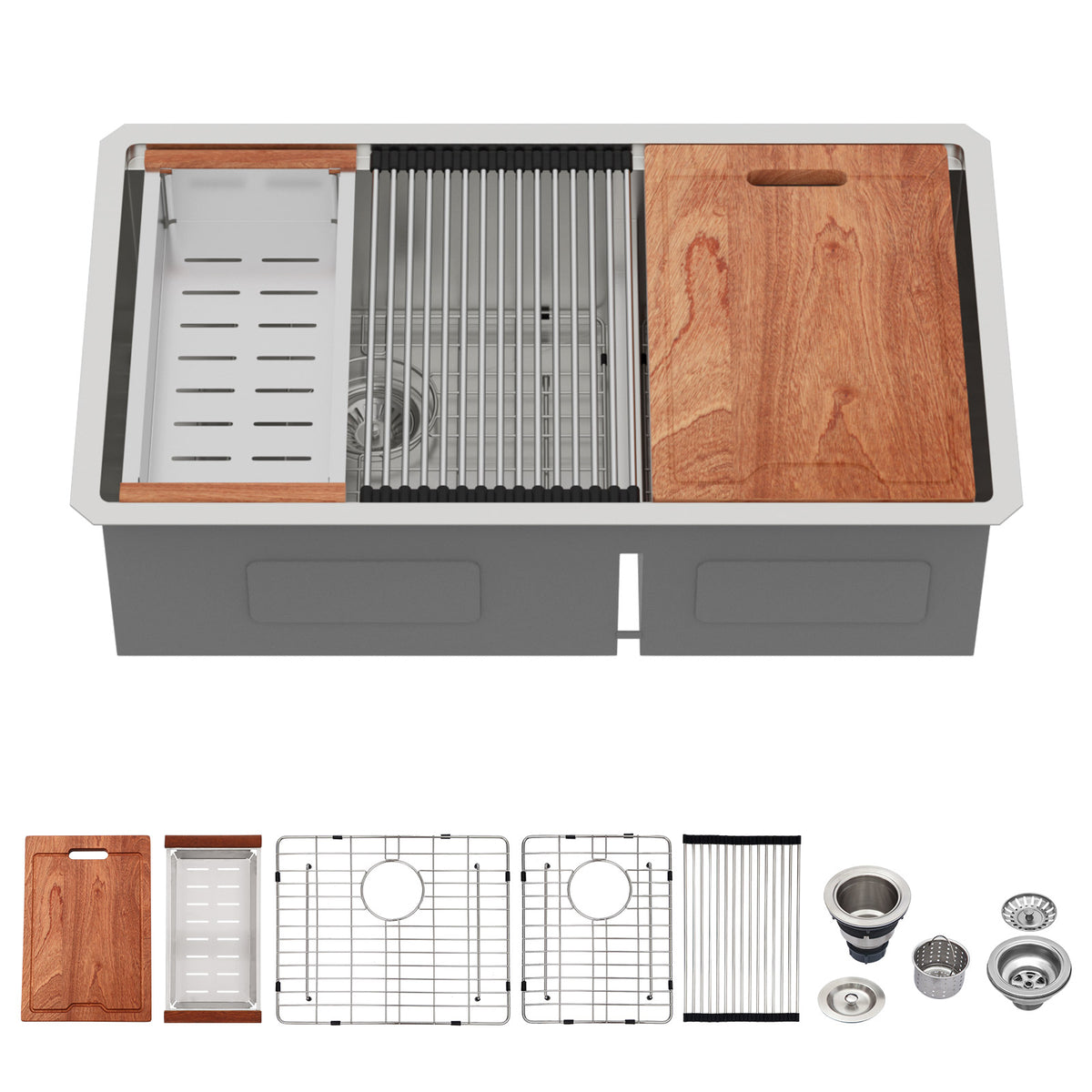 Sarlai 33'' Undermount Kitchen Sink - 60/40 Double Bowl Workstation with Low Divide