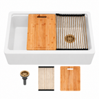 Sarlai 33" Quartz Composite Apron Front Workstation Kitchen Sink, Single Bowl Farmhouse Sink with Gold Drain, Roll-Up Rack & Cutting Board