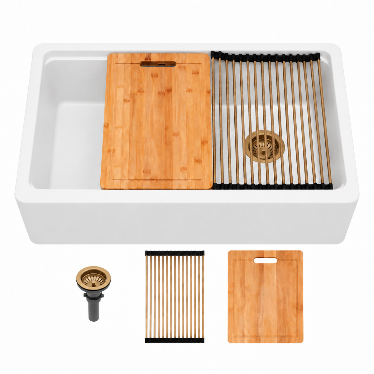 Sarlai 33" Quartz Composite Apron Front Workstation Kitchen Sink, Single Bowl Farmhouse Sink with Gold Drain, Roll-Up Rack & Cutting Board