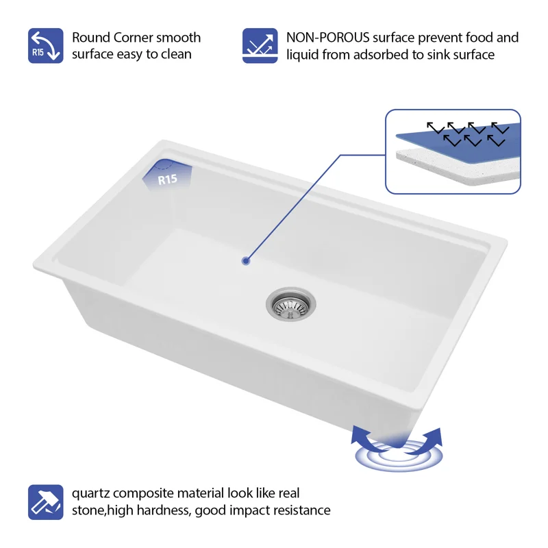 Sarlai 33'' White Quartz Composite Undermount Workstation Kitchen Sink