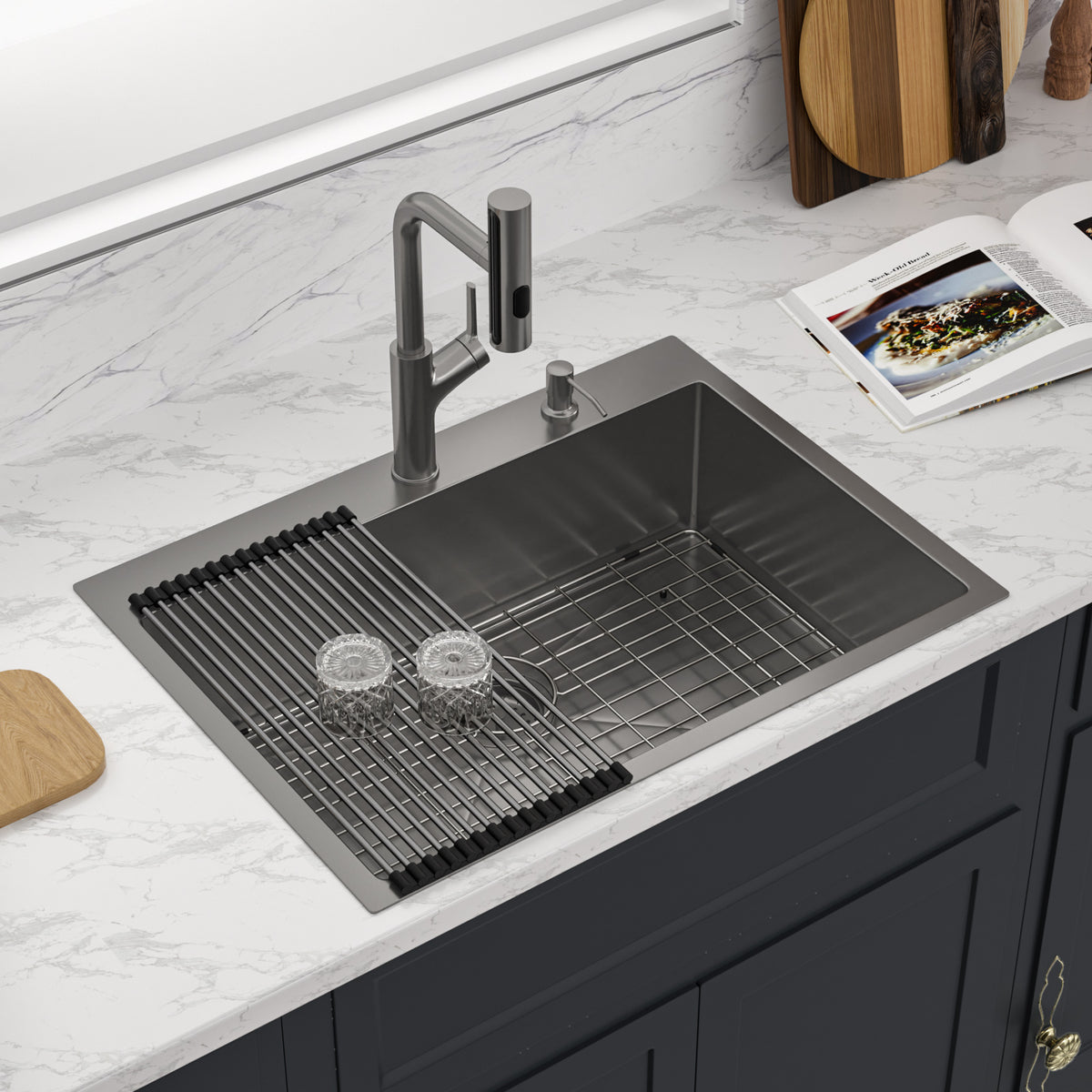 Sarlai 30''x22''Drop In Workstation Kitchen Sink 16 Gauge SUS304 Stainless Steel Single Bowl Topmount Sink with Pull Out Faucet & Soap Dispenser