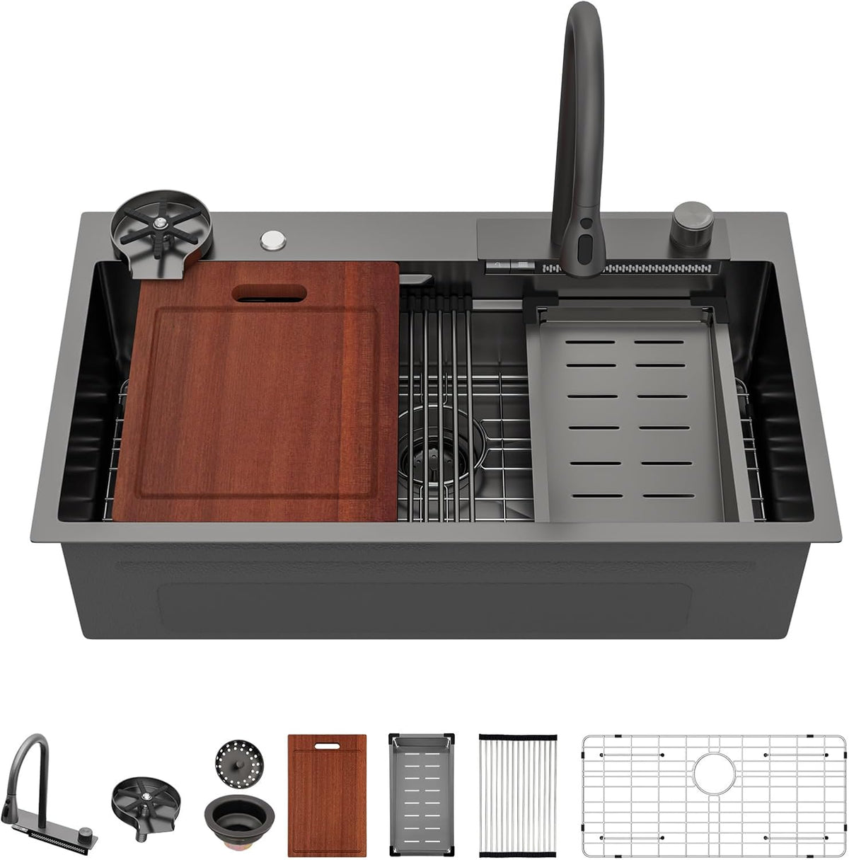Sarlai 33 Inch Gunmetal Black Waterfall Workstation Drop In Kitchen Sink with Faucet & Glass Rinser