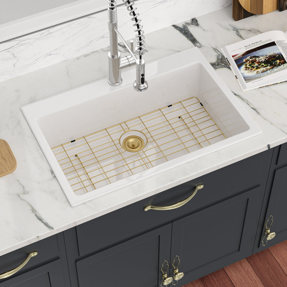 Sarlai 30''x22''White Ceramic Topmount Single Bowl Kitchen Sink With Gold Drain & Bottom Grid