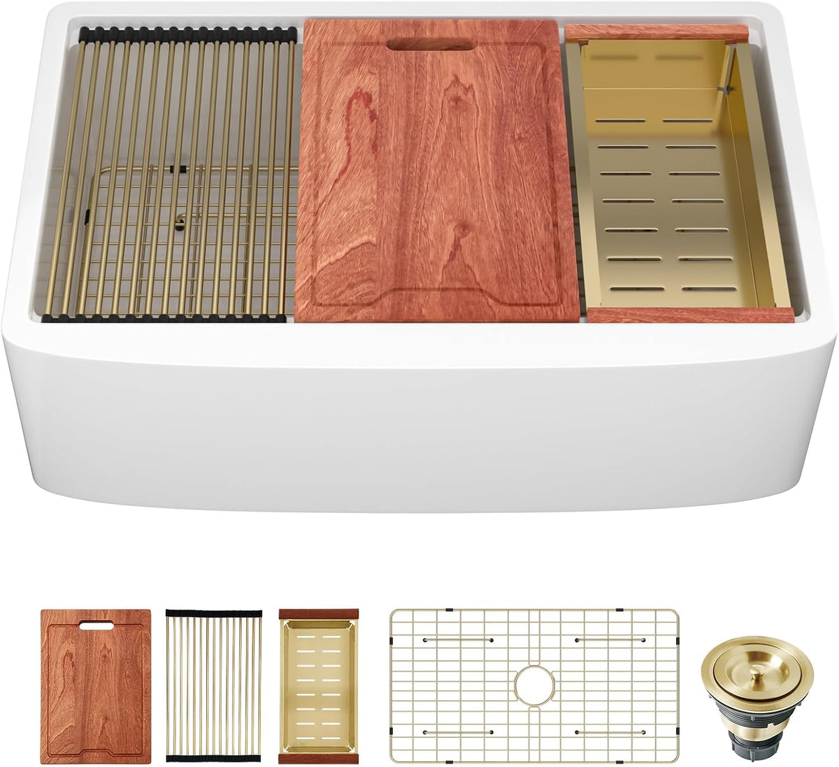 Sarlai 33 Inch White Curved Apron Fireclay Workstation Farmhouse Kitchen Sink with Gold Fixtures