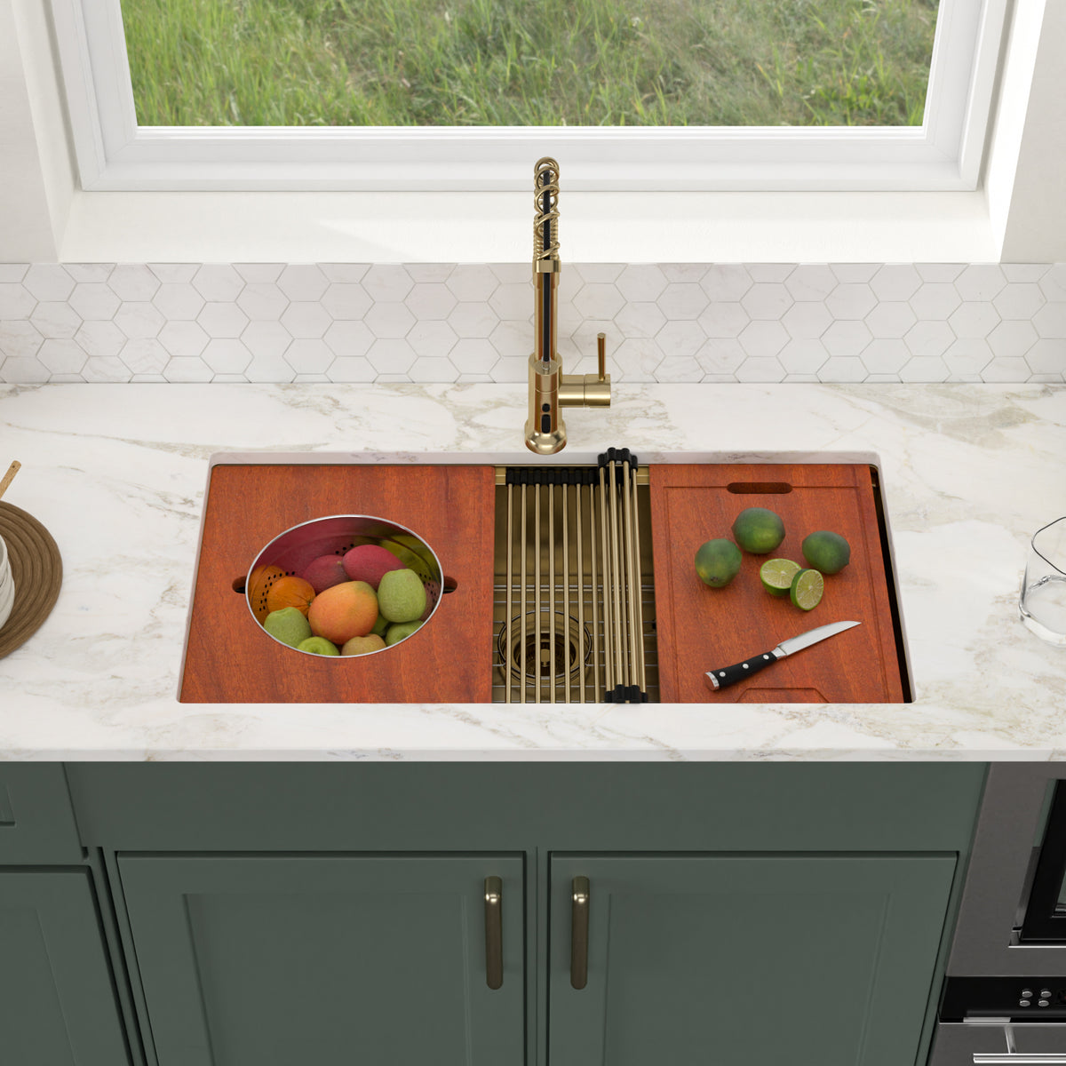 Sarlai 36''x19'' Gold Undermount Workstation Kitchen Sink Single Bowl Step Kitchen Sink
