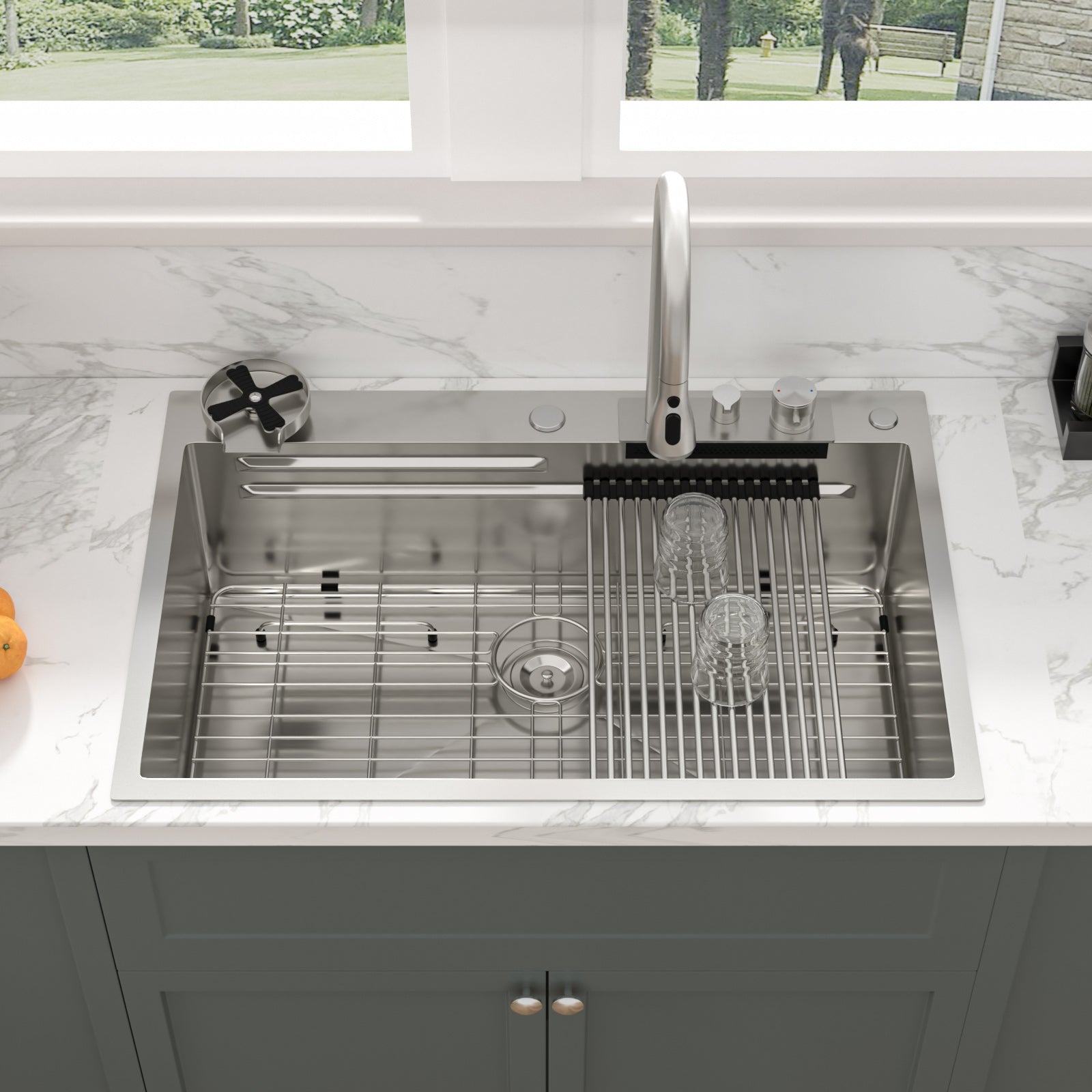 Sarlai 33'' x 22'' Stainless Steel Drop In Single Bowl Waterfall Workstation Kitchen Sink