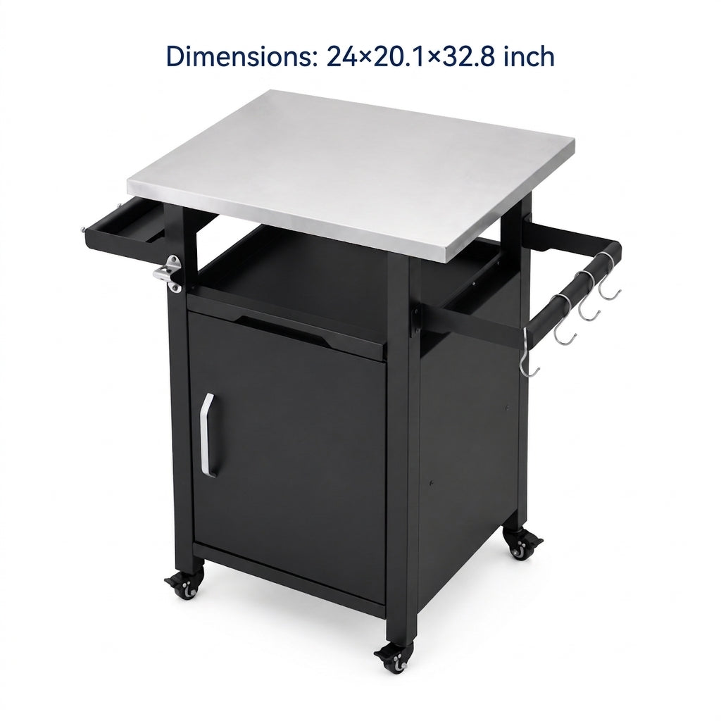 Sarlai Outdoor Prep Cart with Stainless Steel Top & Sliding Tray, Compact Single Door Grill Cart with Side Racks & Waterproof Cover