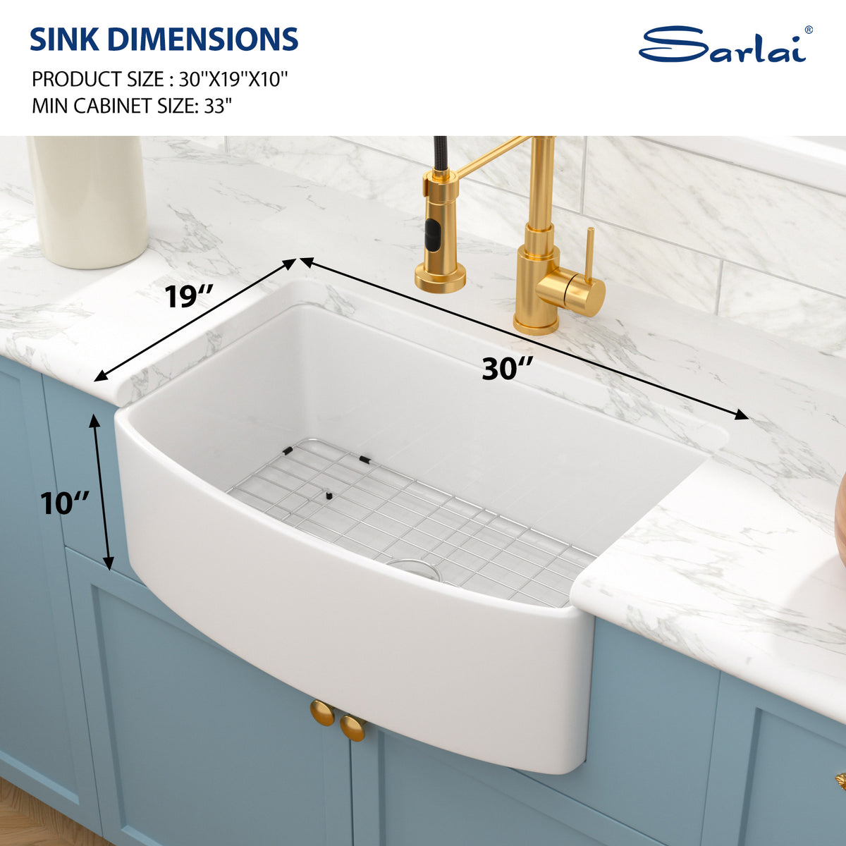Sarlai 30''x19'' White Curved Apron Front Fireclay Farmhouse Kitchen Sink Single Bowl Porcelain Ceramic Farm Kitchen Basin
