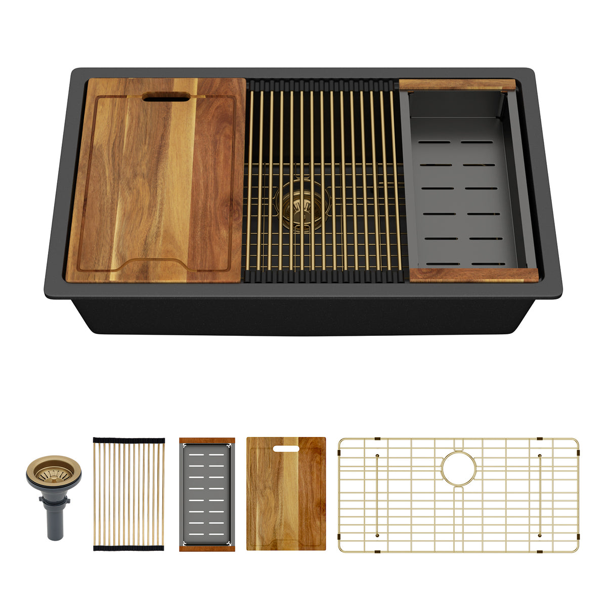 Sarlai 30in Black Quartz Composite Undermount Workstation Kitchen Sink