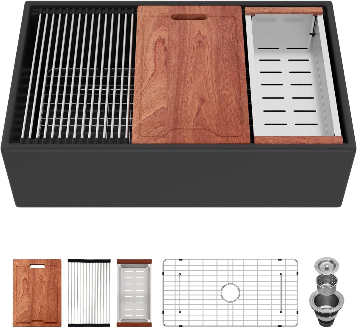 Sarlai 33''x20'' Black Reversible Apron Fireclay Workstation Farmhouse Sink