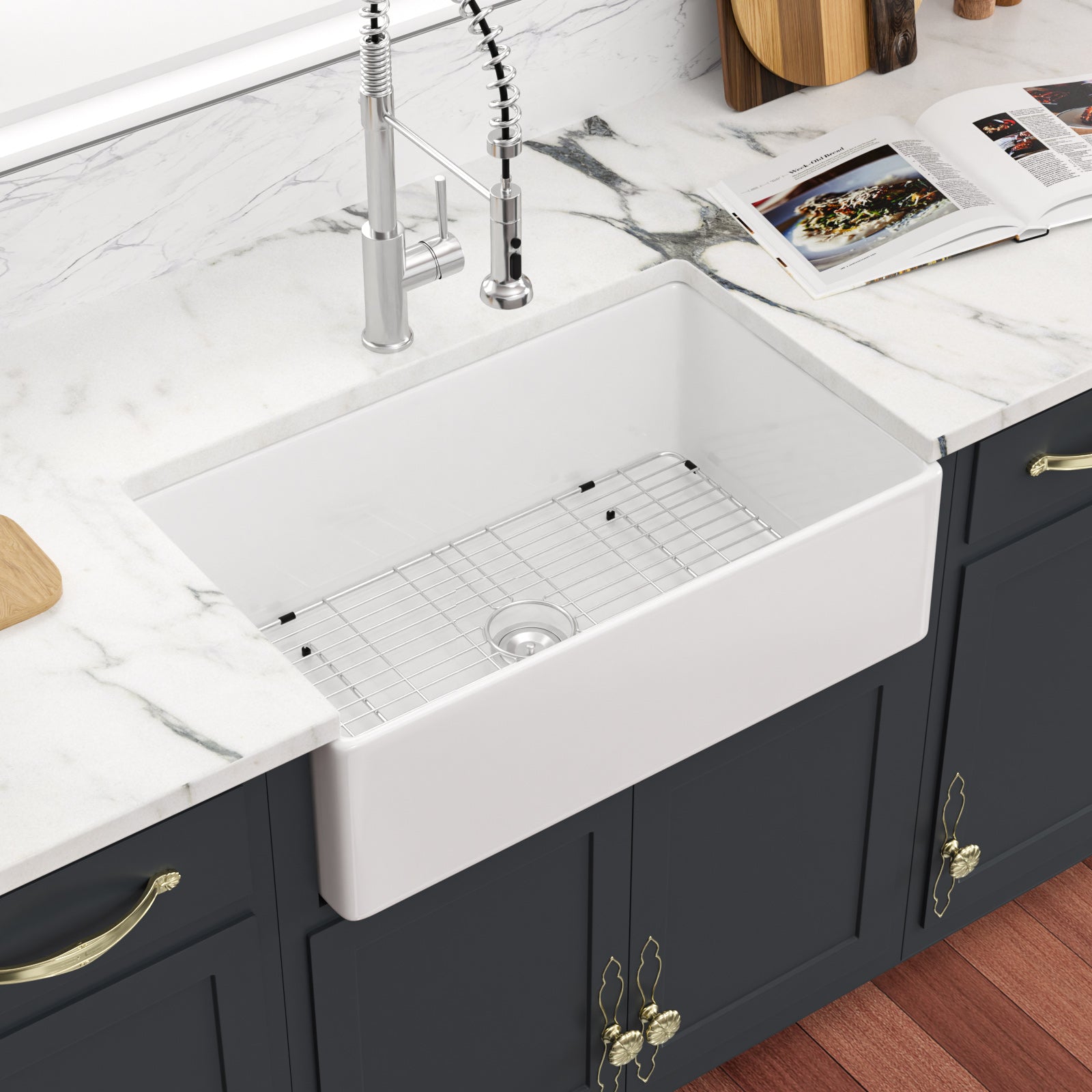 Sarlai 36''x20'' Reversible Apron Front White Fireclay Farmhouse Sink, Single Bowl Vitreous Porcelain Farm Kitchen Basin Secondary image
