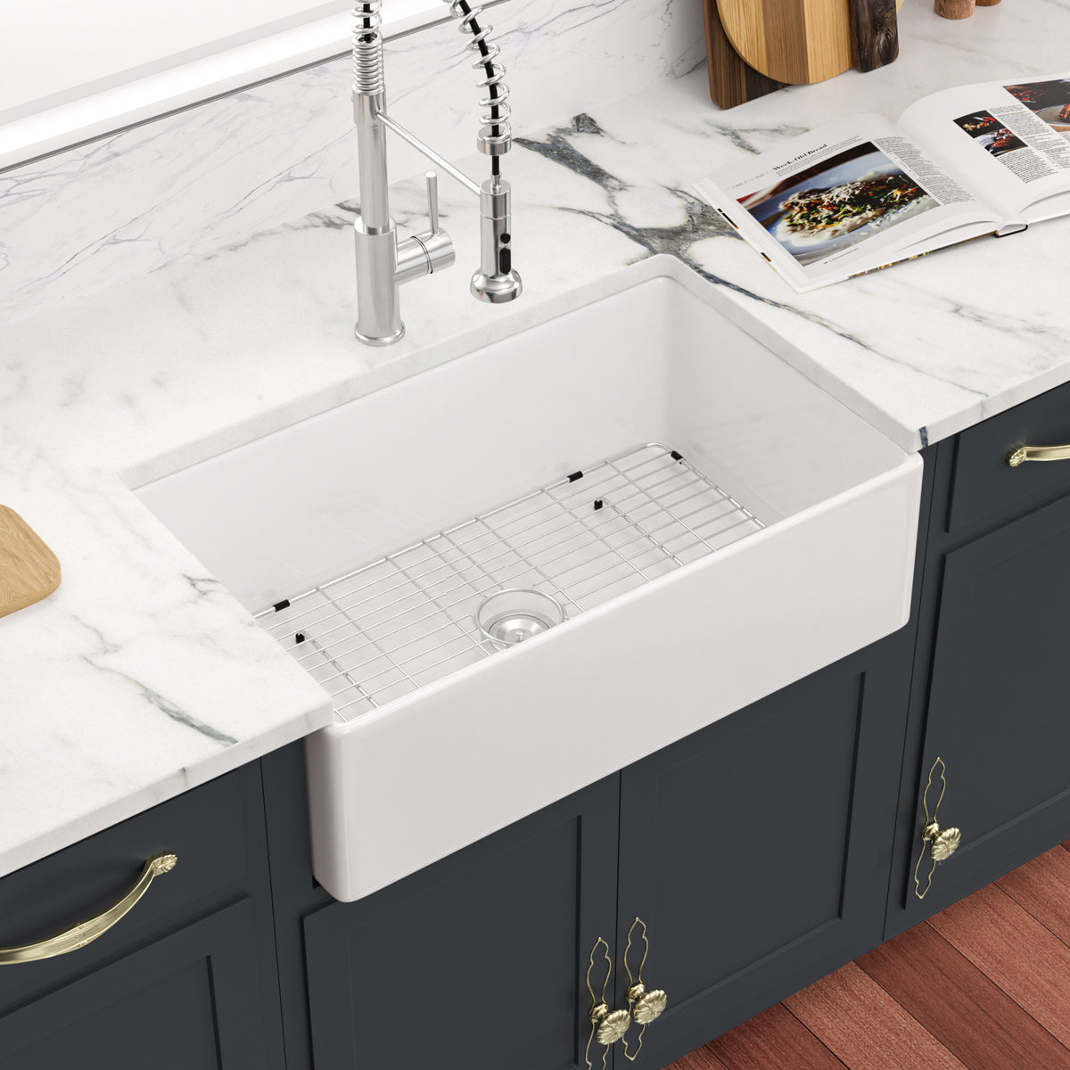 Sarlai 36''x20'' Reversible Apron Front White Fireclay Farmhouse Sink, Single Bowl Vitreous Porcelain Farm Kitchen Basin